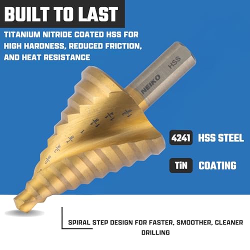 Image of NEIKO 10612A Step Drill Bit, 10 Steps 1 /4 inch to 1-3 /8 inch Spiral High Speed Steel, Titanium Nitride Coated, 3 /8 inch Tri Flat Step Bits for Steel, Metal, Wood, Plastic, Unibit Cone Drill Bits, Two Flute