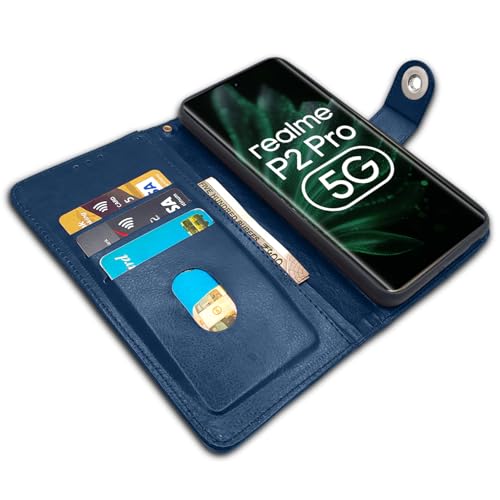 Image of Pikkme Flip Cover Leather Finish | Inside TPU with Card Pockets | Wallet Stand and Shock Proof | Complete Protection Button Flip Case for Realme P2 Pro 5G (Blue)