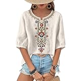 White Womens Boho Tops Womens Embroidered Cotton Linen Shirts Petite Short Sleeve Retro Peasant Tunic Blouses Flowy Bohemian 2026 Spring Trendy Vacation Outfits for Seniors Over 60