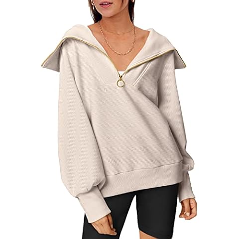 Trendy Queen Half Zip Pullover Sweatshirts for Women Collar Oversized Hoodies Quarter Zipper Y2k Clothes 2022, Beige Apricot, S Cover