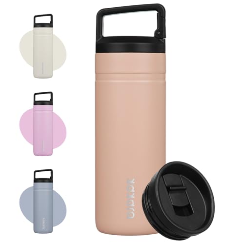 Image of BJPKPK 20 oz Insulated Travel Water Bottle, Coffee Tumbler Stainless Steel | Double Wall Vacuum, Leakproof, Thermal, Keeps Hot /Cold, BPA Free, Dishwasher Safe, Spill Proof, Wide Mouth, 2 Lids, Peach