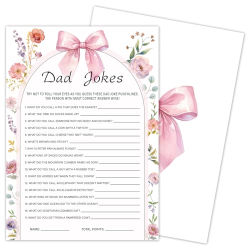Yuansail Dad Jokes Game for Baby Shower, 30 Pink Bow Floral Gender Reveal Party Games Cards with 1 Answer Card, Activities Supplies & Decorations -A004