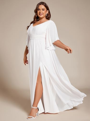 Image of Ever-Pretty Plus Women's Plus Size V Neck Half Sleeves Slit A Line Floor Length Bridesmaid Dress 01886-DA