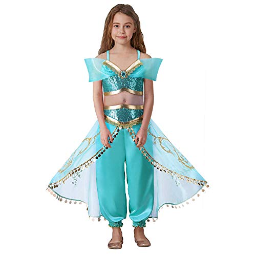 Girls Aladdin Pretend Princess Costume Jasmine Cosplay Clothing Top+Pant Set (Green, 6-6X (130cm))