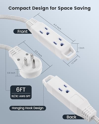 Image of SURAIELEC - 6 ft Flat Braided Extension Cord with 3 Power outlets - 360 Swivel - Braided Flat wall Socket - 16 AWG - White - for Indoor use