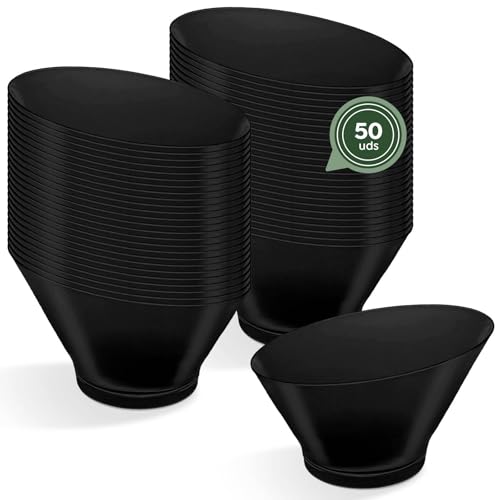 Horeca Collection - 50 Uds - Bol Redondo Grande Asimétrico Negro 250 cc - 10,6 x 6,8 cm - Vasitos Aperitivos Plastico - Vasitos para Postres - Catering - Cuencos - Vasos - Finger Food