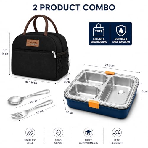 Image of Misamo Enterprise Lunch Box with Insulated Lunch Bag Combo, 3 Compartment Stainless Steel Lunch Box with Spoon & Fork, Reusable Lunch Set for Office, School & Travel (Black Bag+Blue Lunch Box)
