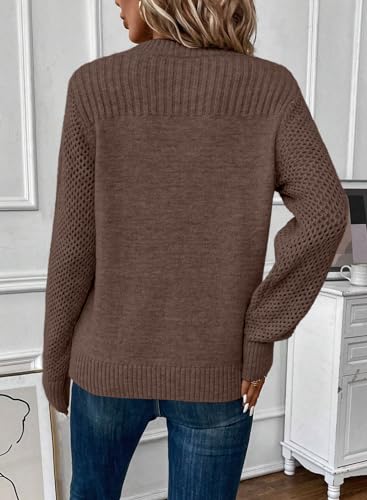 EVALESS Womens Sweaters Casual Long Sleeve Crewneck Cable Knit Lightweight Oversized Crochet Sweater Pullover Tops4