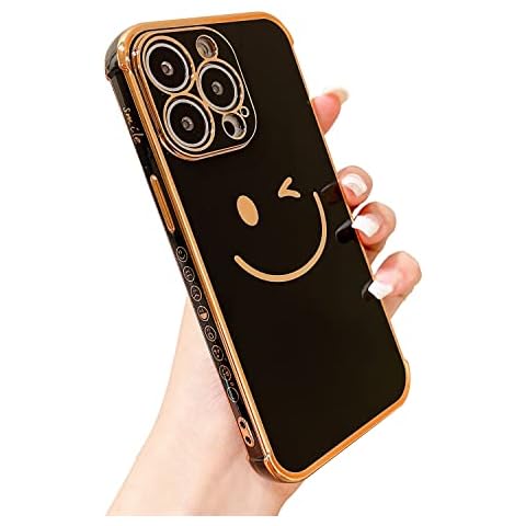 Puninoto Compatible with iPhone 13 Pro Case Silicone, 6.1inches, Cute Cases with Smiley Face and Electroplate Edge Bumper Cover,Soft TPU Shockproof Durable Phone Case (Black) Cover