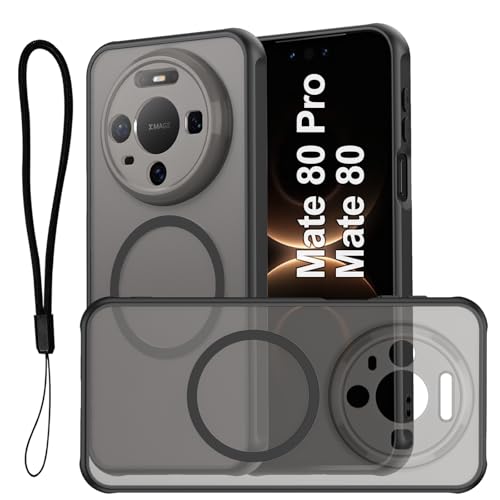 USTIYA Magnética Funda para Huawei Mate 80 Pro/Mate 80 Case Matte Acrílico Uso Rudo Protectora de cámara Cover Carcasa Accesorios de Celular con Correa Cordón Negro FGCX