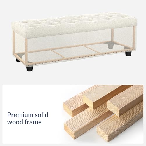Image of BELLEZE Storage Ottoman, Tufted Ottoman with Close Hinge, Foot Rest for Living Room (White, 47 inch)