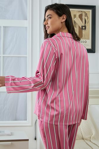 Image of YiNi LuLu Womens Silk Satin Pajamas Set Button Down 2 Piece Pjs Long Sleeve Oversized Sleepwear with Pockets