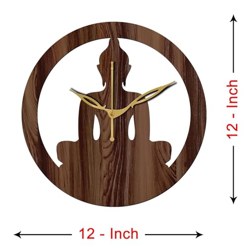 Image of SKYVILLA 12 Inch Wooden MDF Buddha Analog Wall Clock with English Numerals, Romans | Silent Quartz Movement | Lightweight Without Glass Design for Home (Brown)