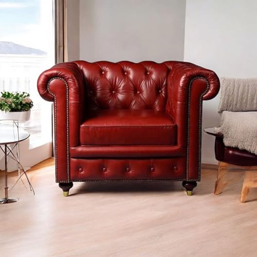 Image of UMAR ARTS Luxury Chesterfield Leatherate Sofa Set, Tufted Genuine Leatherate, Classic Living Room Furniture (1 Seater Red)