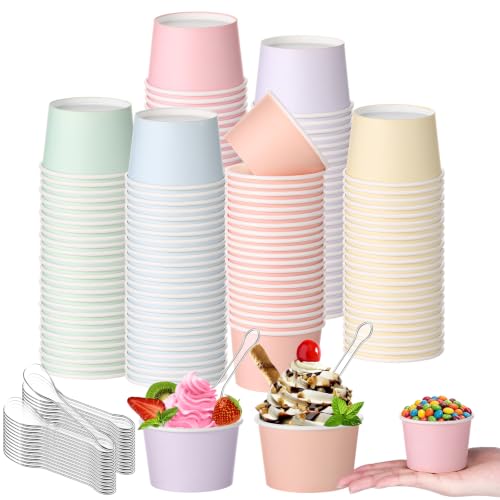 Image of Boao 100 Set 5 oz Ice Cream Cups with Spoons Disposable Paper Sundae Dessert Bowls Summer Party Supplies (Pastel)