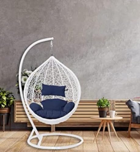 Image of Single Seater Swing Chair with Stand and Cushion Hammock Swing for Adult Outdoor Indoor Garden Living Room Balcony Hanging Chair (White Blue)