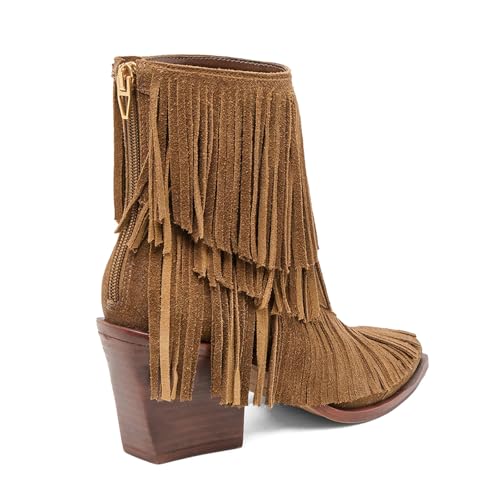 Fringed Ankle Boots Pointed Toe Suede Tassel Short Boots Chunky Heeled Booties for Women4