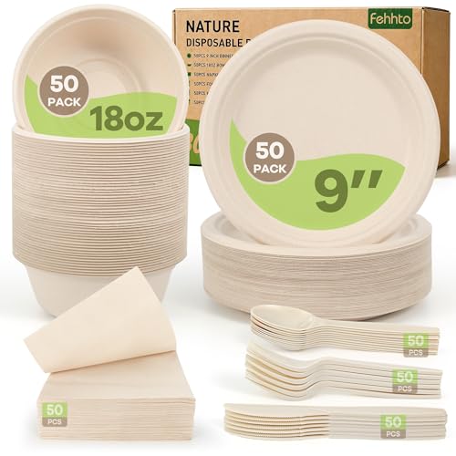 FEHHTO Disposable Paper Plates Set 300PCS Compostable Sugarcane Plates, Bowls, Heavy-duty Utensil, Biodegradable Napkins, Eco-friendly Dinnerware Set for Party Camping 50 People