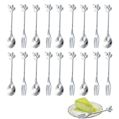 KASESSS Set Di 16 Cucchiaini Da Caffè E Forchettine Da Dolce, Acciaio Inossidabile Design A Foglia Cucchiaini Da Caffè Particolari E Forchette, Lavabile In Lavastoviglie, Lucido