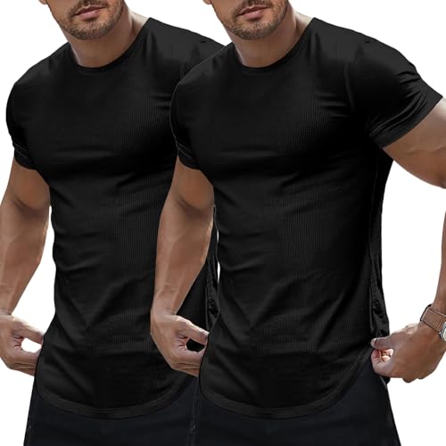 Image of JMIERR Mens Short Sleeve T Shirt Summer Muscle Slim Fitted Crewneck Longline Tees Shirts for Gym Workout