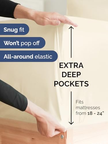 Image of Deep Twin XL Fitted Sheet - College Dorm Room Essentials - Off White | Easily Fits 18 inch to 24 inch Mattress, Wrinkle Resistant, Soft, Breathable & Comfy, Extra Deep Pockets Fitted Sheet