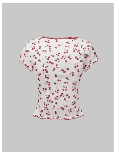 SOLY HUX Women's Summer Short Sleeve Y2k Tees Ditsy Floral Lace Bowknot Tshirts Kawaii Crop Tops