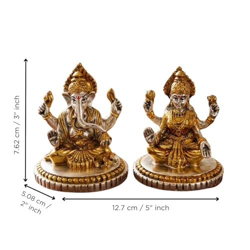 Image of eCraftIndia Golden Silver Plated Metal Laxmi Ganesh Murti for Diwali Pooja | Lakshmi Ganesh Idol | Diwali Decoration Items for Home Decor.