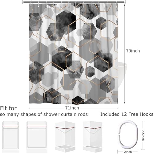 Rideau de douche gris 180x200 moderne géométrique hexagone