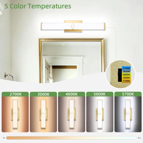 Image of 24Inch 25W Modern Gold Vanity Lights for Bathroom 5 CCT 2 Pack