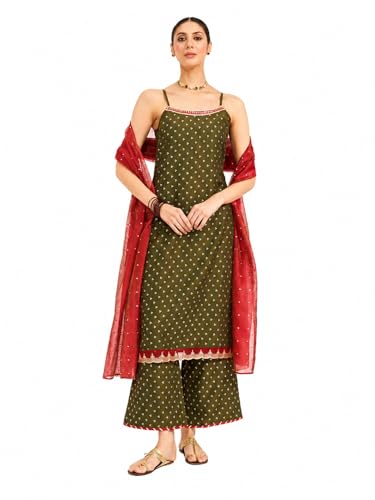 Image of FIORRA Women's Silk Blend Straight Kurta with Palazzo and Dupatta