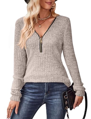 Gemulate Jumpers for Women Long Sleeve Quarter Zip Sweaters Clothing Casual Ladies V Neck Plain Sweatshirts Khaki S