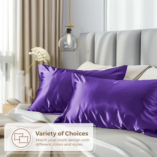 Image of Craftelio Satin Pillow Covers Set of 2 with 3 Free Random Color Hair Scrunchies - Anti-Frizz, Skin-Friendly, Soft & Durable Pillowcase Set for All Hair Types (Purp)