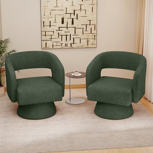 Nebuaegis Swivel Accent Chair Set of 2, Modern Comfy Chenille Barrel Chairs, Oversized Upholstered Round Arm Chair for Living Room, Bedroom, Reading Room, Green