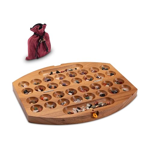LOGOPLAY Bao - Hus - Kalaha - sehr kleines Reisespiel für unterwegs - 30cm lang - Steinchenspiel - Edelsteinspiel - oval aus Samena-Holz