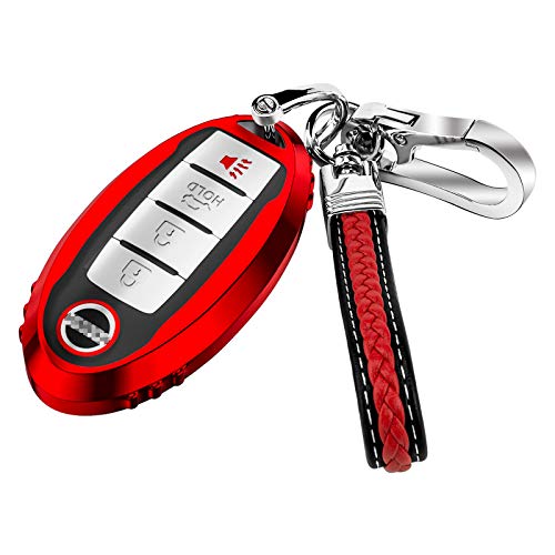 Key Fob Cover Case Soft TPU Key Holder 3 4 5 Button Full Coverage Smart Car Key Protector with Leather Keychain Lanyard for Altima Maxima Pathfinder Sentra Rogue Titan Murano 370z,Red