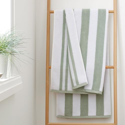Bianca Serviette de Bain réversible à Rayures en Coton Jacquard Vert Sauge 70 x 120 cm
