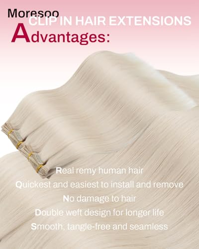 Image of Moresoo Blonde Clip in Extensions Human Hair White Blonde 18 inch 80g 5pcs | Human hair clip in extensions, white blonde shade, remy human hair, invisible double weft, lightweight for fine hair