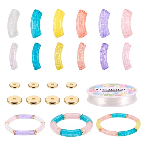 Craftdady 160Pcs Chunky Curved Tube Beads Stretch Bracelet Making Kit Acrylic Noodle Bamboo Bead Golden Flat Round Spacer Bead for Jewellery Making
