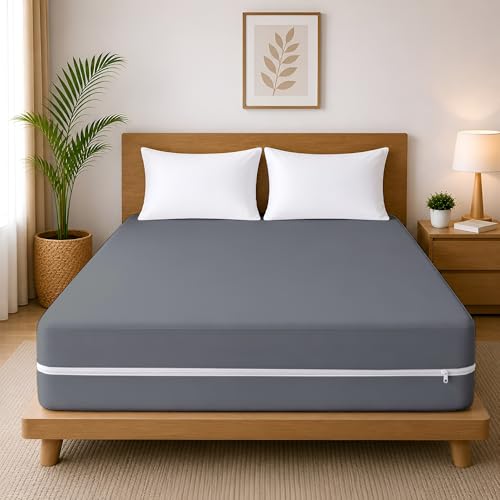 Image of 100% Waterproof Queen Size Zipper Mattress Encasement - Ultra Soft & Breathable Six-Sided Bed Cover, Dustproof Noiseless Fitted Design, 72x60 Inch (6x5 Feet), Fits Up to 6 Inch Mattress, Grey