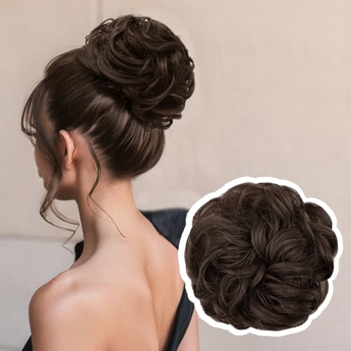 MORICA Messy Bun Hair Piece Large Wavy Curly Elastic Fake Hair Bun Scrunchies Ponytail Extensions Synthetic Chignon Updo Hairpieces for Women（6Dark Brown）
