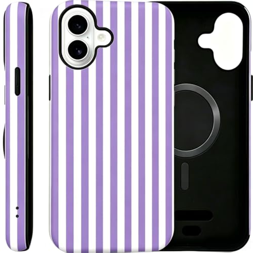 Image of for iPhone 16 Case Cute Phone Case,Compatible with MagSafe,Dual Layer Shockproof Protective Phone Cover,Hard Shell + Silicone Cover,Fashion Design for Women Girls,Striped Purple