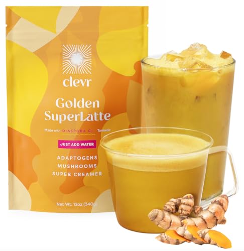 Clevr Blends Turmeric Powder Oat Milk Instant Latte Mix, Golden Milk, Moon Organic Spices, Coconut Superfood Creamer SuperLatte, Adaptogens, Reishi and Lion’s Mane Mushrooms and Probiotics - 14 Servings (340g)