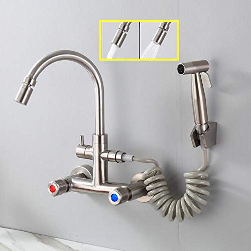 Robinet de cuisine mural eau chaude froide, mitigeur évier inox 304 avec douchette