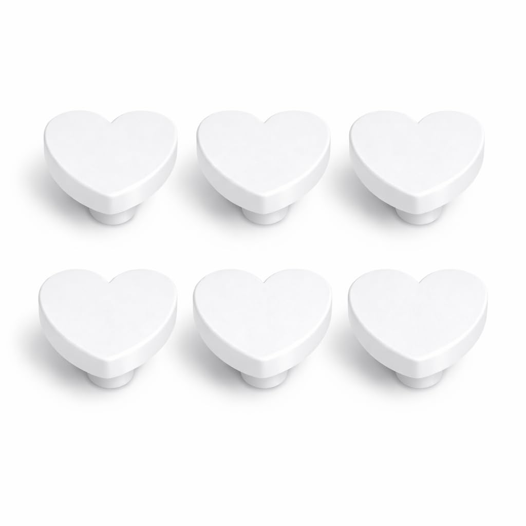 (6-Pack) Heart Children’s Door Knobs – Decorative Pull Handles for Drawers & Cupboards – Nursery, Playroom & Bedroom Furniture Décor – Cute Heart-Shaped Knobs (4.5 x 4.5 cm) White