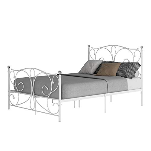 Panana Metal Double Bed Frame, 4FT6 Metal Bed Base with Strong Metal Slats, Metal Bed With Crystal Finials for Adults and Kids, Mattress is NOT included (White)