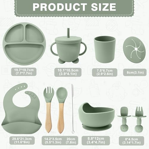 Baby Geschirrset,12er Set Kindergeschirr, Babylöffel,Trinklernbecher,Silikon Lätzchen,Baby Teller Kinderteller mit Saugnapf,Baby Led Weaning Set
