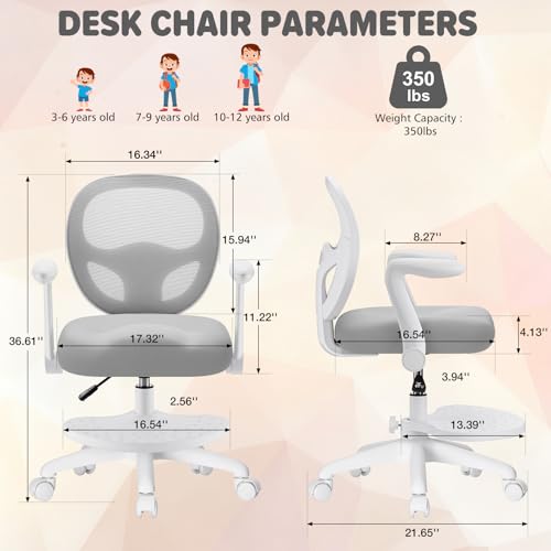 Image of HOFFREE Kids Desk Chair Ergonomic Study Chair with Flipped Armrest-Grey