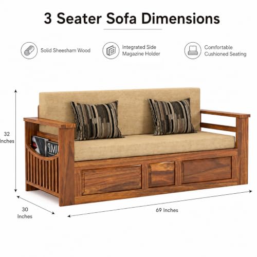 Image of Douceur Furnitures Solid Sheesham Wooden 3 Seater Sofa Cum Bed with Mattress,Cushions & Side Pockets,Wood Foldable Convertible Sofa 3 Seater Diwan Cum Bed for Living Room & Office|Natural Teak Finish