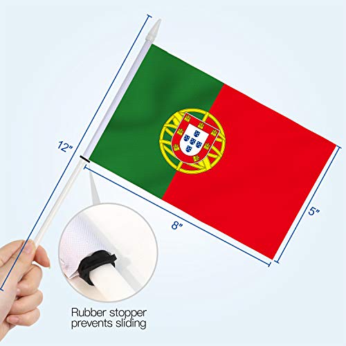Anley Portugal Mini Flag 12 Pack - Hand Held Small Miniature Portuguese Flags on Stick - Fade Resistant & Vivid Colors - 5x8 Inch with Solid Pole & Spear Top