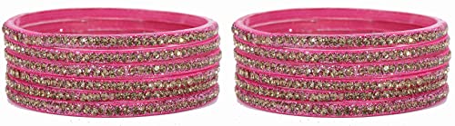 Image of NMII Glass with Zircon Gemstone and Beads Studdded Glossy Finished Traditional Bangle Set For Women and Girls